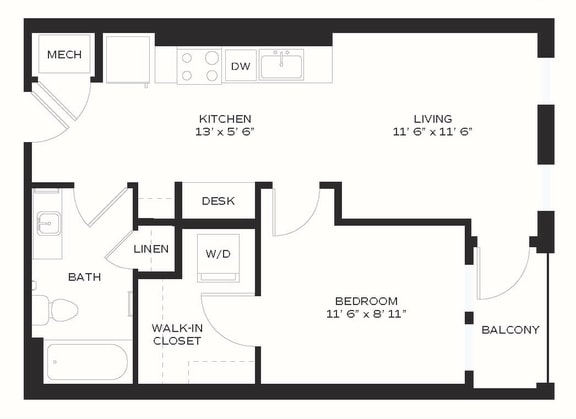 A1 - 1 Bedroom 1 Bath 561 Sq. Ft. Floor Plan at Edge 35, Indiana