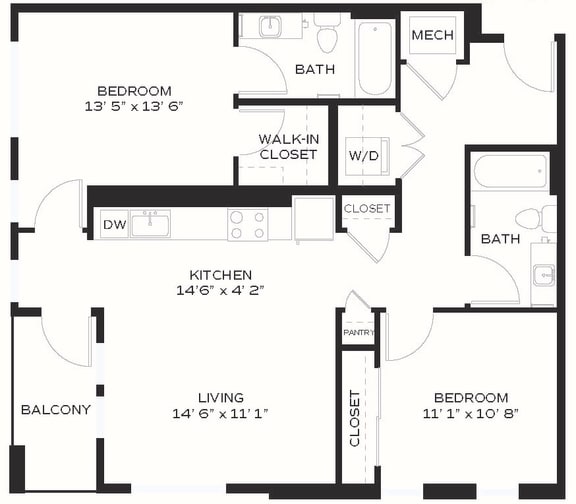 B1 - 2 Bedroom 1 Bath 1007 Sq. Ft. Floor Plan at Edge 35, Indianapolis, 46203