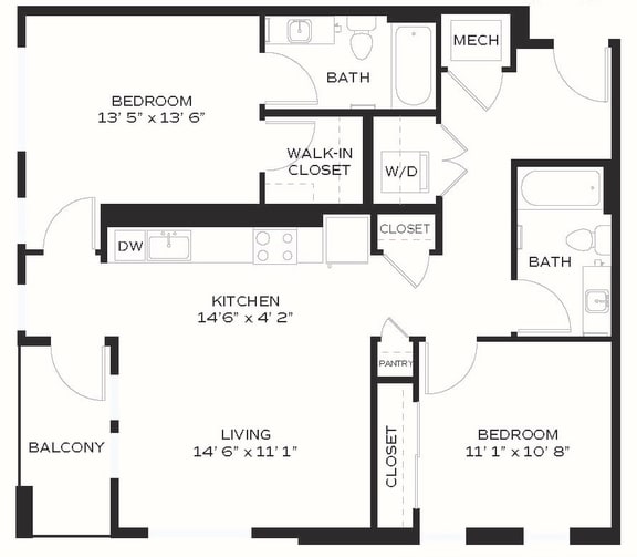 B2 - 2 Bedroom 2 Bath 1038 Sq. Ft. Floor Plan at Edge 35, Indianapolis