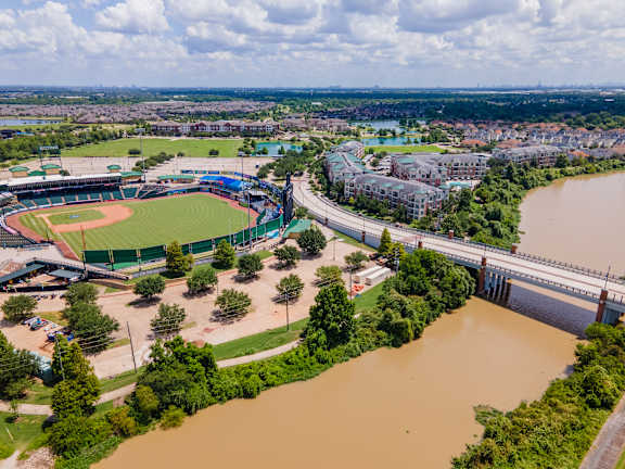 Aerial View of Baseball field and Apartment Complex at Imperial Lofts, Sugar Land, TX