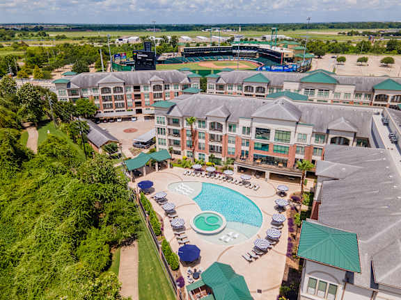 Aerial view of Resort Inspired pool at Imperial Lofts, Sugar Land, TX, 77498