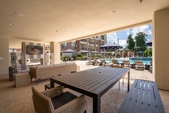 Covered patio by the pool at Imperial Lofts, Sugar Land, Texas