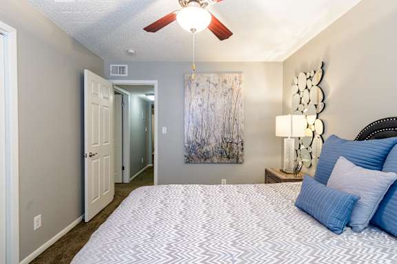 Bedroom With Ceiling Fan at London House Apartments, Lenexa, 66215