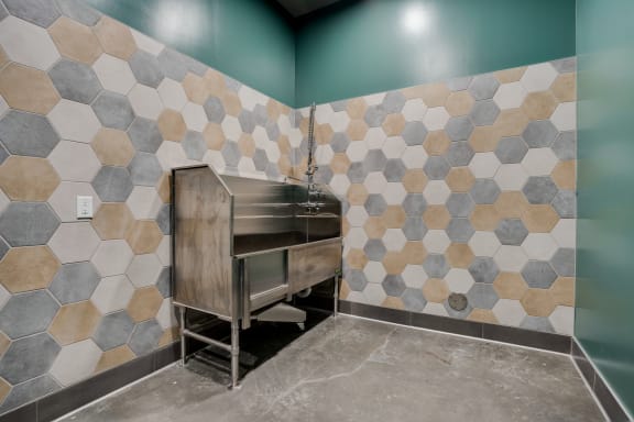 a room with tile walls and a metal dog wash at Marquee, Minneapolis, MN, 55403