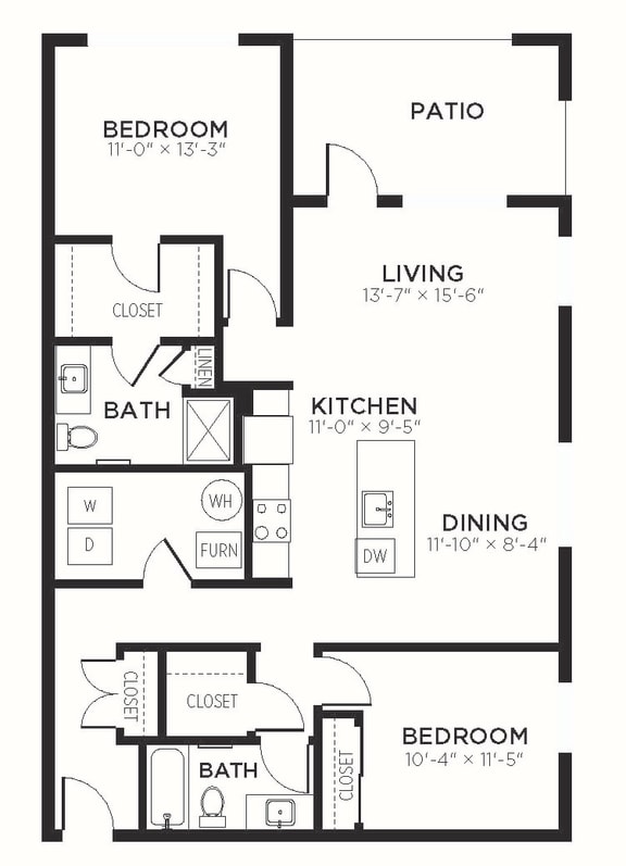 B3 - 2 Bedroom 2 Bath 1254 Sq. Ft. Floor Plan at The MK, Indiana, 46220