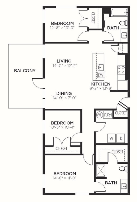 C1 - 3 Bedroom 2 Bath 1373 Sq. Ft. Floor Plan at The MK, Indianapolis, IN