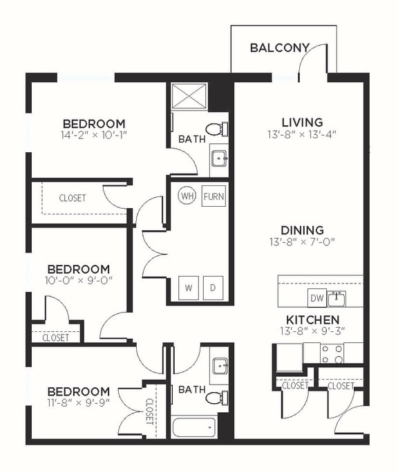C2 - 3 Bedroom 2 Bath 1388 Sq. Ft. Floor Plan at The MK, Indianapolis, 46220
