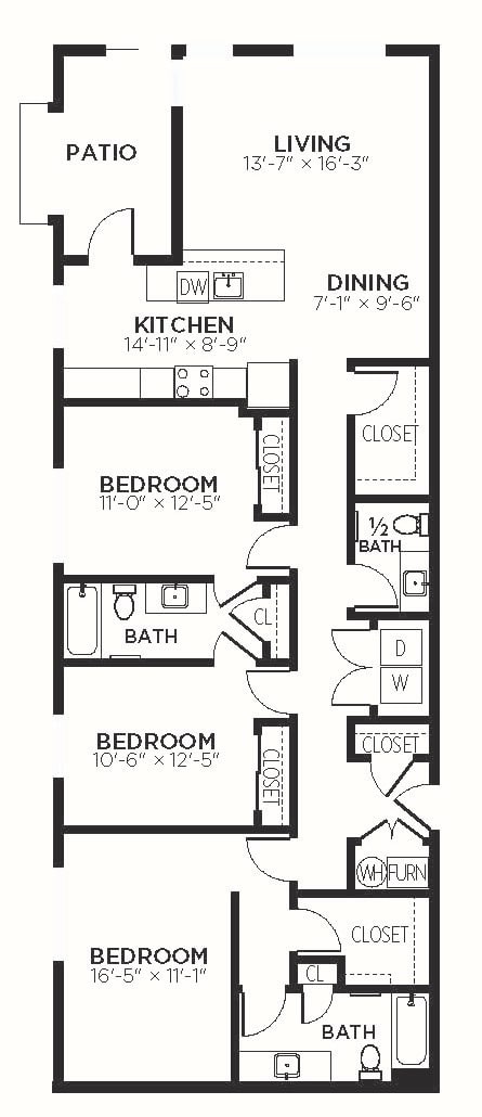 C5 - 3 Bedroom 2.5 Bath 1588 Sq. Ft. Floor Plan at The MK, Indiana, 46220