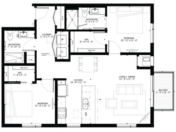 B1 2-Bedroom 2 bath Floor Plan at Marquee, Minneapolis, Minnesota