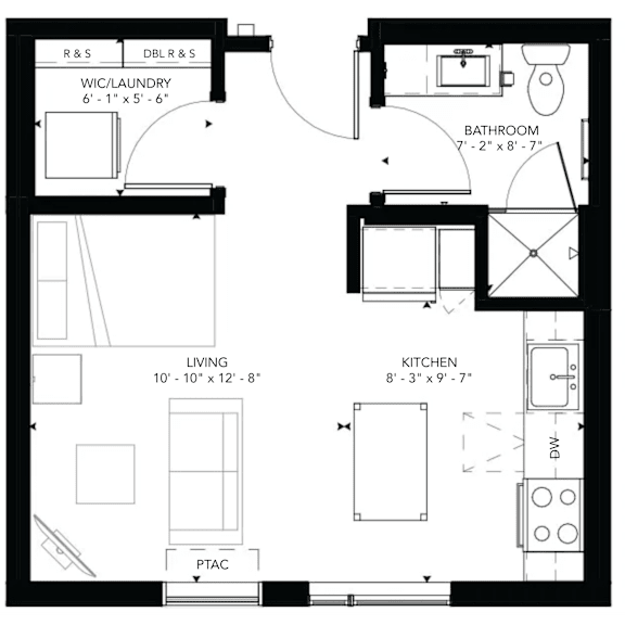 Studio floor plan with full kitchen and bathroom at Marquee Apartments, Minneapolis, Minnesota