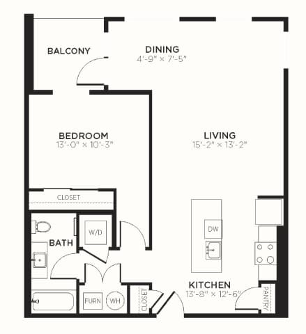 A black and white image of a floor plan for a home with a bedroom, living room, kitchen, bathroom, and closet.