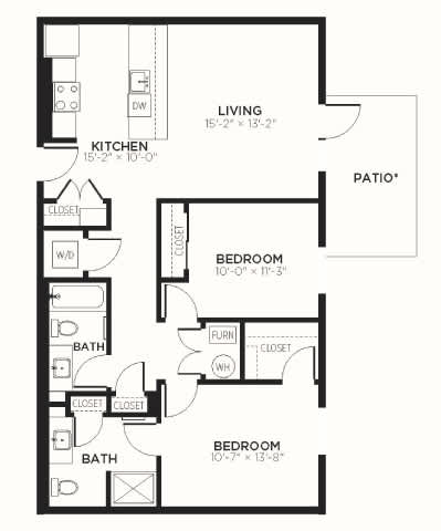A black and white image of a floor plan for a house with a living room, kitchen, two bathrooms, and two bedrooms.