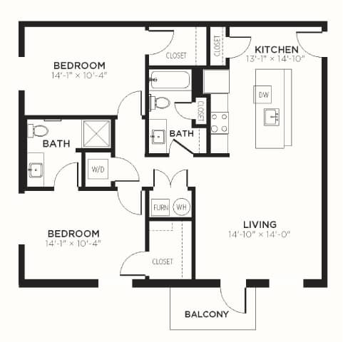 Floor Plan  A black and white image of a house floor plan with two bedrooms, a living area, a kitchen, a bathroom, and a balcony.