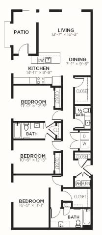 Floor Plan  A floor plan of a house with a living room, dining room, kitchen, and three bedrooms.