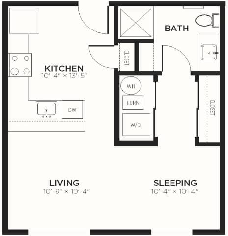 Floor Plan  A black and white floor plan of a small apartment with a living room, kitchen, bathroom, and bedroom.