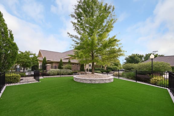 a yard with a tree and a house in the background at Sovereign at Overland Park, Overland Park, KS