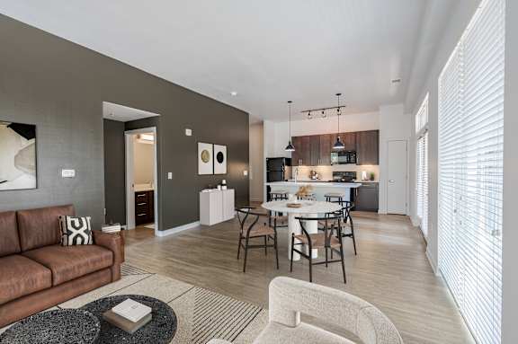 Living Area With Kitchen at Pinnex, Indianapolis, IN, 46203