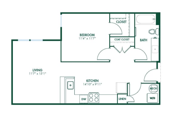A3 - 1 Bedroom 1 Bath 732 Sq. Ft. Floor Plan at Pinnex, Indianapolis