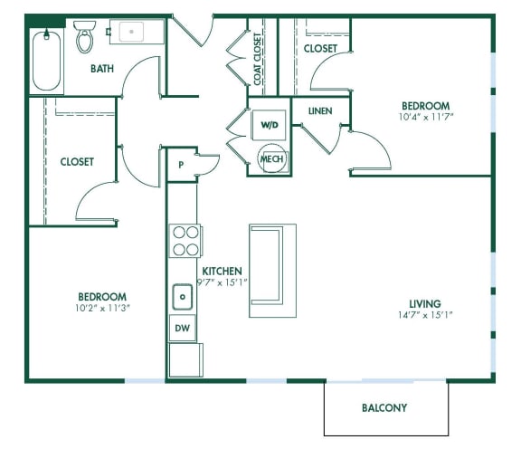 B4 - 2 Bedroom 1 Bath 985 Sq. Ft. Floor Plan at Pinnex, Indianapolis, Indiana