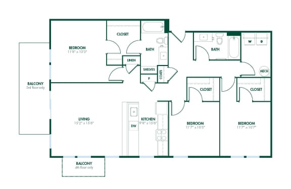 Floor Plan  C3 - 3 Bedroom 2 Bath 1366 Sq. Ft. Floor Plan at Pinnex, Indianapolis, IN, 46203