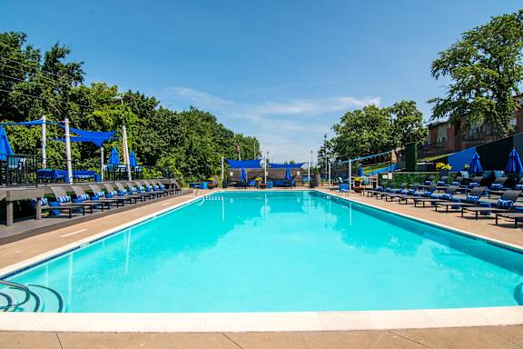 A large swimming pool with blue water and lounge chairs.