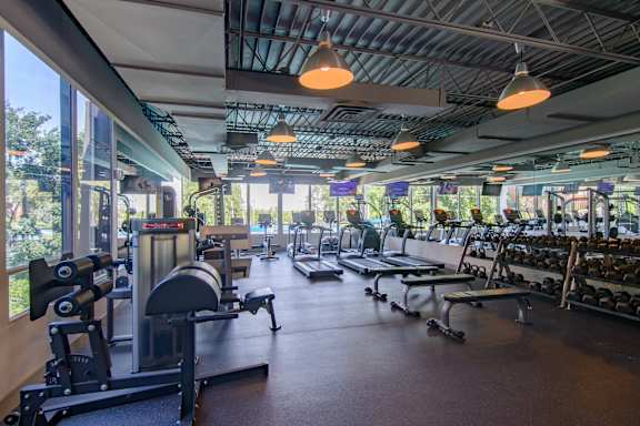 A gym with a variety of equipment including treadmills, weights, and exercise machines.