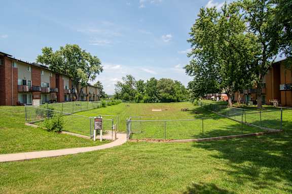 A sunny day at the park with apartment buildings in the background.