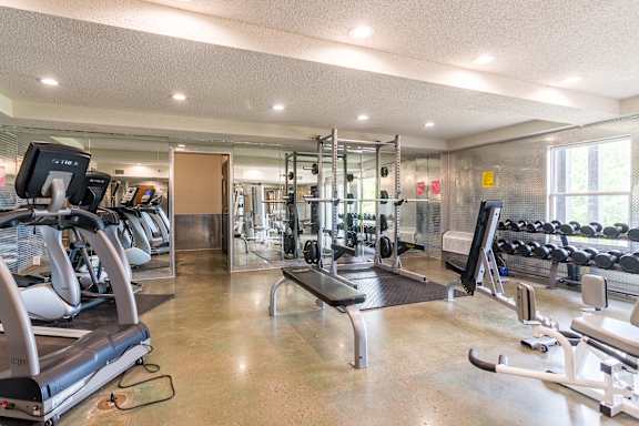 A gym with treadmills, weights, and exercise equipment.