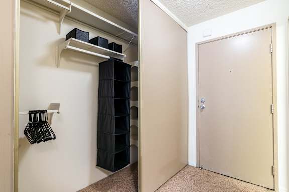 A white door is open to a hallway with a closet on the left.