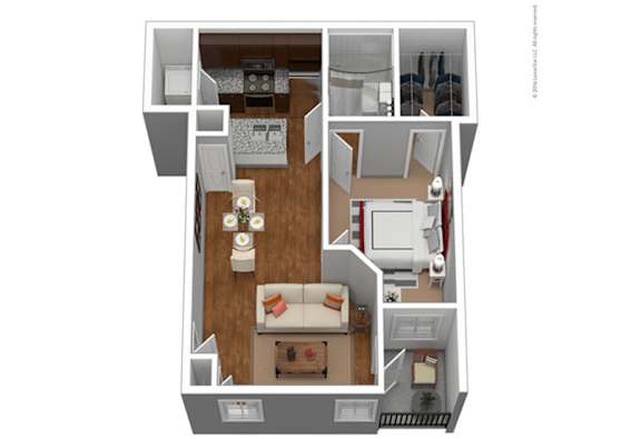 A 3D floor plan of a small apartment with a living room, kitchen, and bedroom.