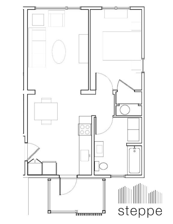 A black and white image of a floor plan with the word "steppe" written below it.