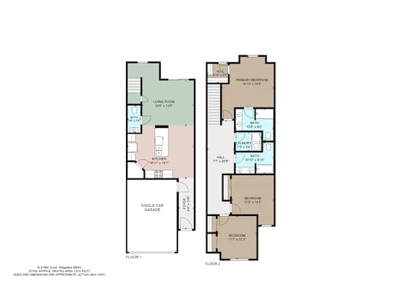 A floor plan of a house with two bedrooms, a living room, a garage, and a kitchen.