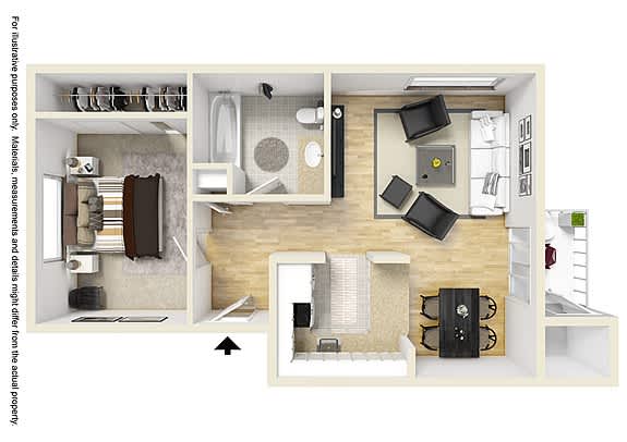 A floor plan of a small apartment with a kitchen, living room, and bathroom.