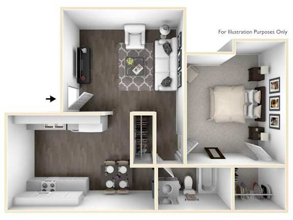 A 3D rendered image of a small apartment layout.