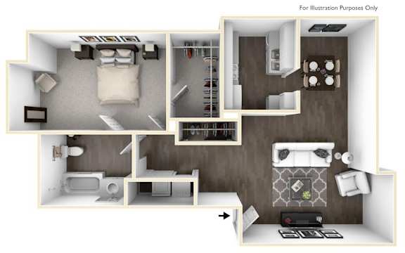 A 3D illustration of a room layout with a kitchen, living room, and bedroom.