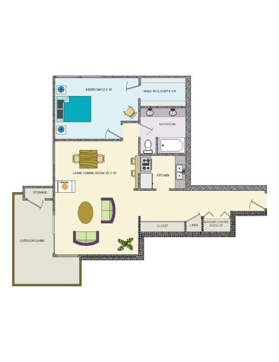 1x1 Apartment Floorplan, Lakeside Apartments in Kennewick, WA