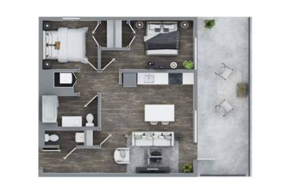 A top-down view of a modern kitchen and living room layout.