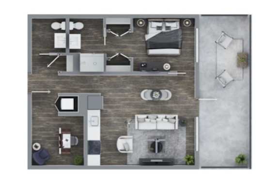 Floor Plan  A top-down view of a house layout with a kitchen, living room, and two bedrooms.