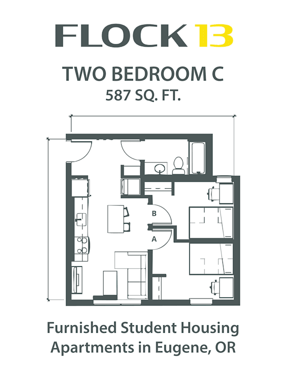 A floor plan for a two bedroom apartment sized at 587 square feet.