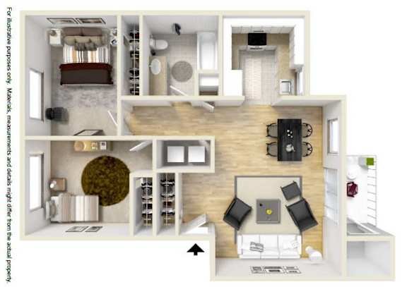A 3D floor plan of a house showing a kitchen, living room, and two bedrooms.