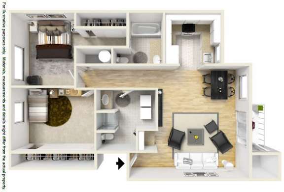 A floor plan of a home interior with a kitchen, living room, and two bedrooms.