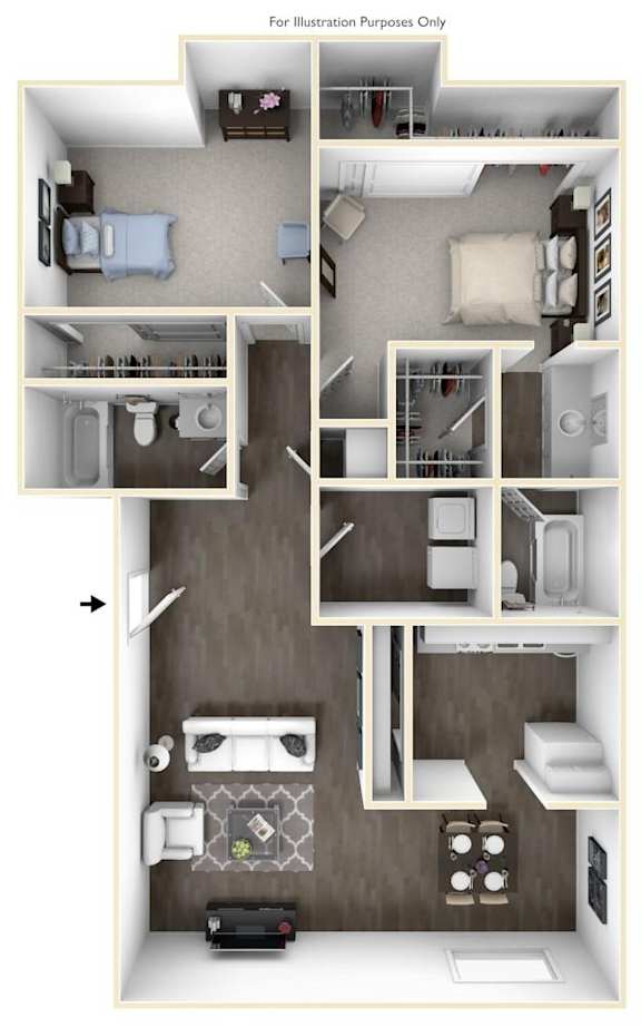 A 3D floor plan of a small apartment with a kitchen, living room, and bathroom.