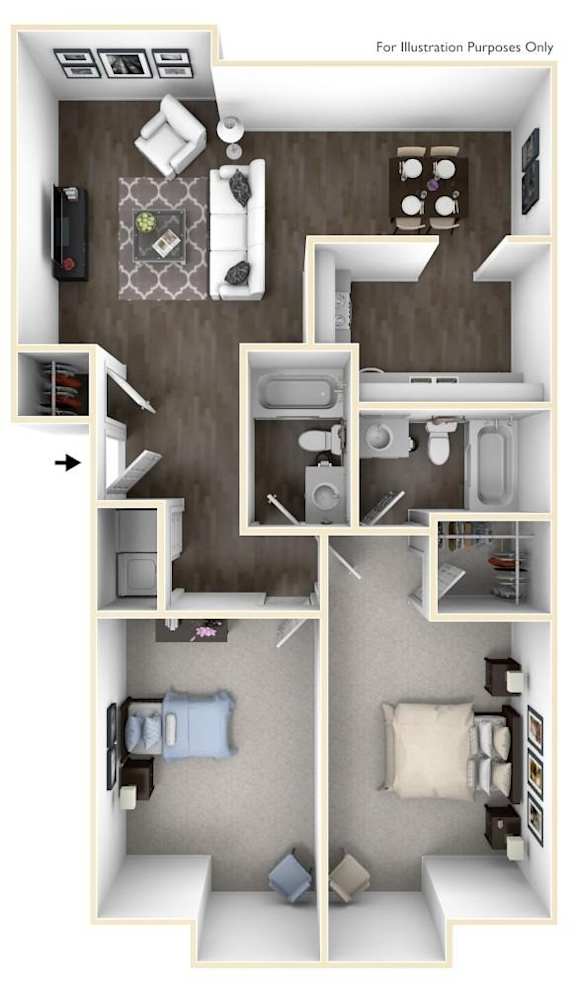 A 3D floor plan of a small apartment with a kitchen, living room, and bedroom.