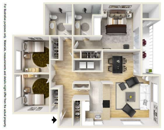 A 3D floor plan of a house showing the layout of the rooms.