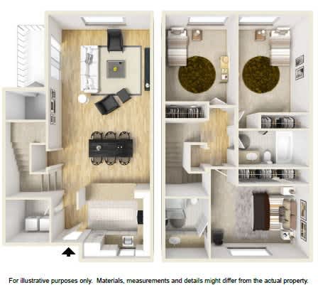 A floor plan of a two-story apartment with a living room, kitchen, and bathroom on each level.