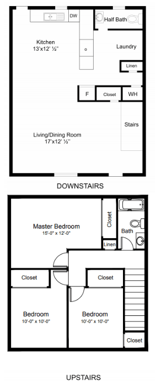 Floor Plan  A floor plan of a two-story house with a living room, kitchen, and two bedrooms on the first floor and a master bedroom on the second floor.