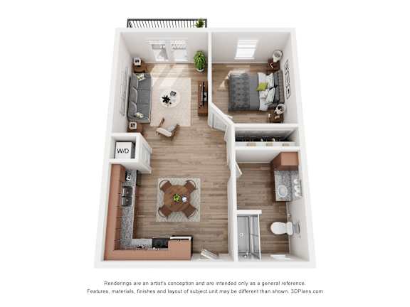 a stylized floor plan with a bedroom and a living room