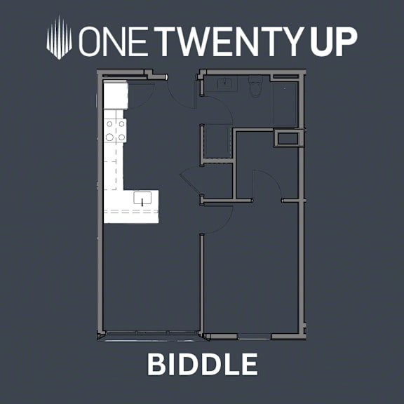 A floor plan of a biddle with a kitchen and a bathroom.