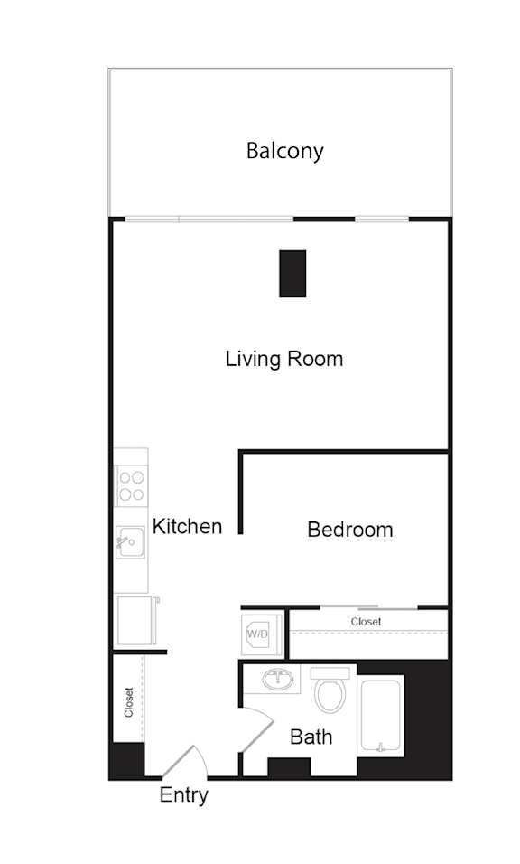 Floor Plan  A floor plan of a small apartment with a living room, kitchen, bedroom and bathroom.