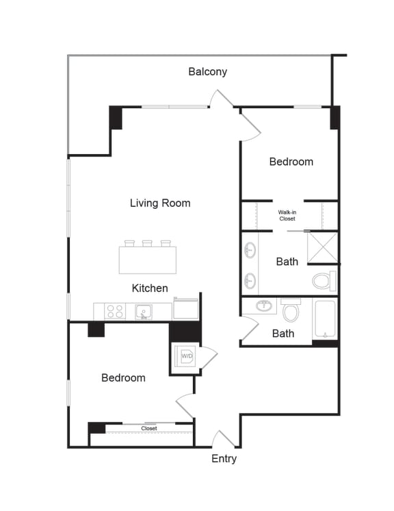 Floor Plan  Two Bed Two Bath - D